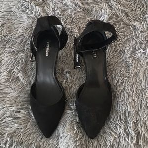 Express Black Suede Ankle Buckle Heels